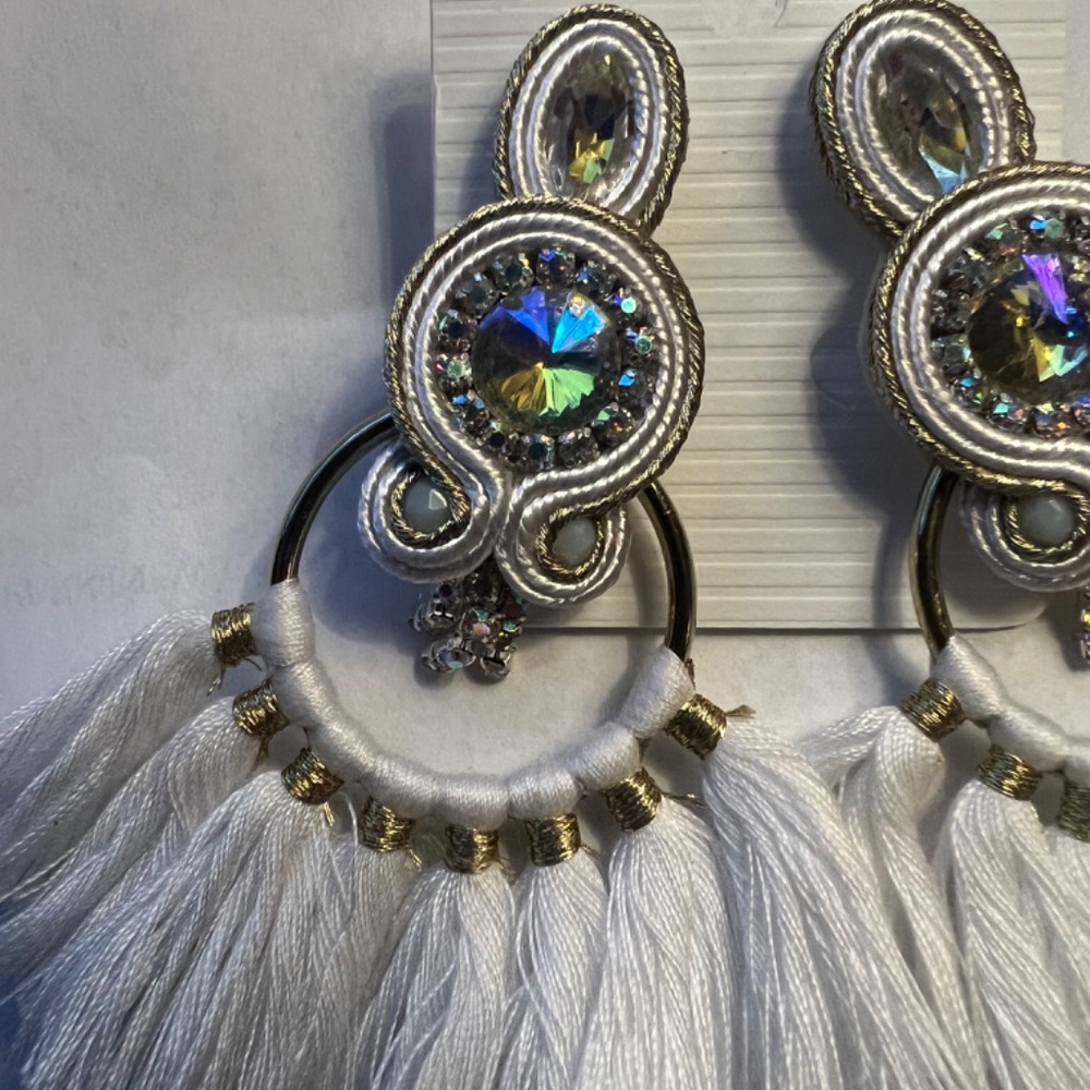 White Tassel Statement Earrings - image 2